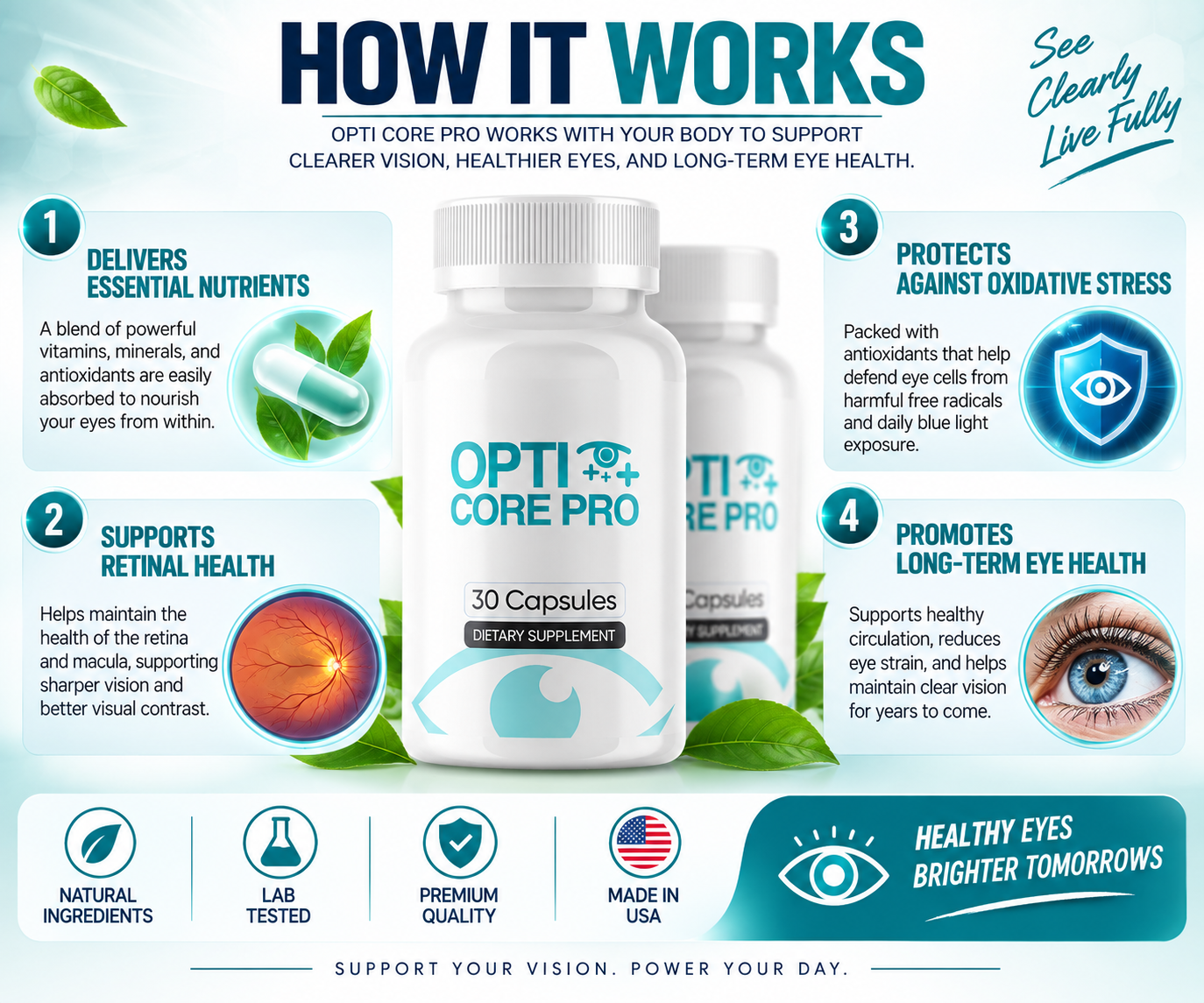 How OptiCore Pro works — delivers nutrients, supports retinal health, protects against oxidative stress, promotes long-term eye health